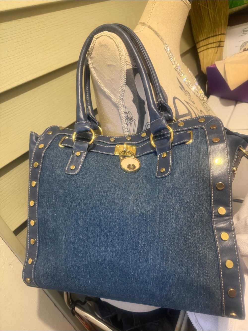 Denim Tote Bag with Gold Accent Hardware